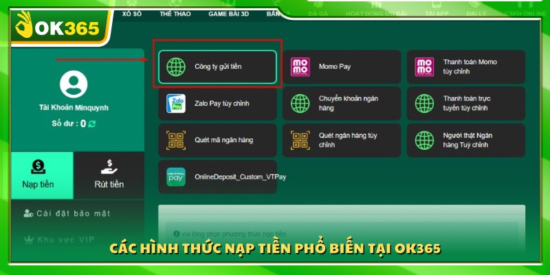 Các phương thức nạp được sử dụng tại OK365 