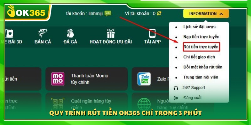Cách rút tiền OK365 đơn giản trong 3 phút